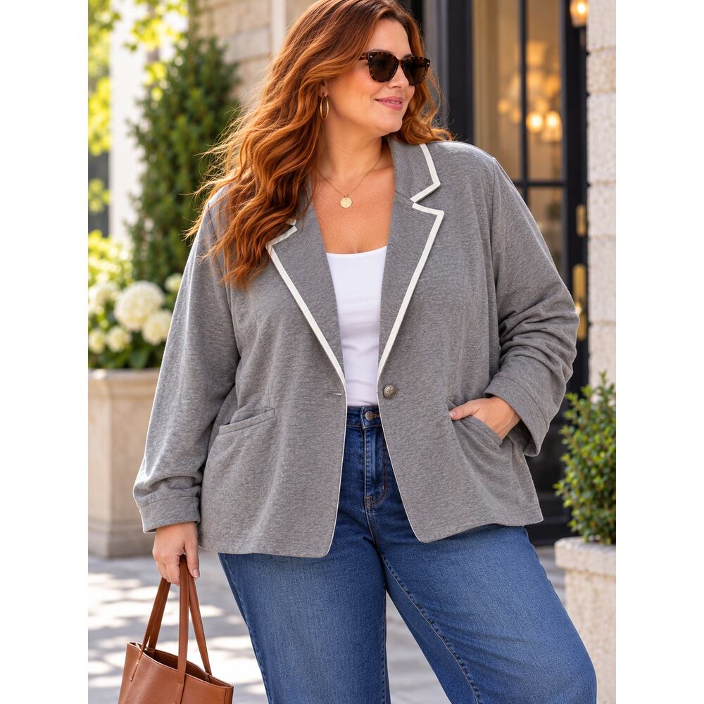 Torrid Size 4 Gray Open Front Blazer White Piping Plus Size Career Jacket